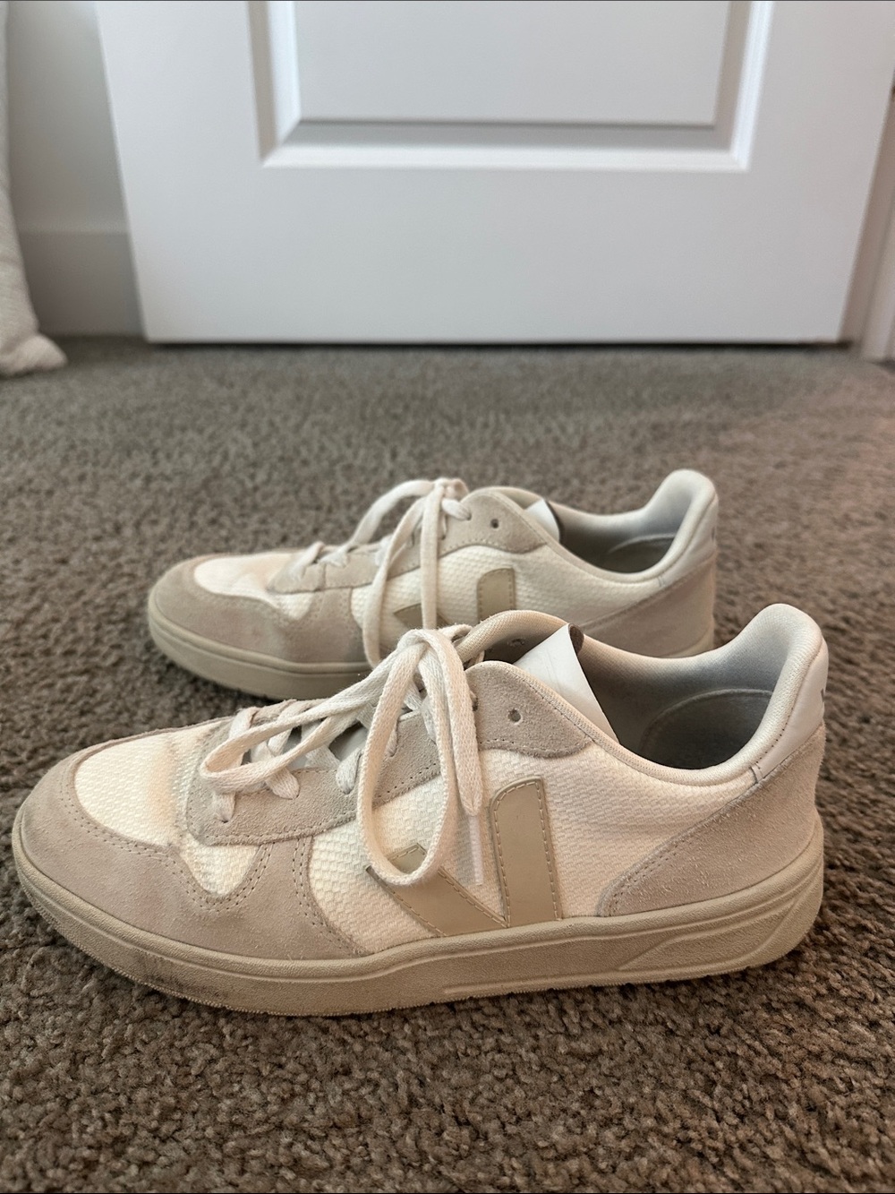 Veja V-10 Sneakers in White and Beige
